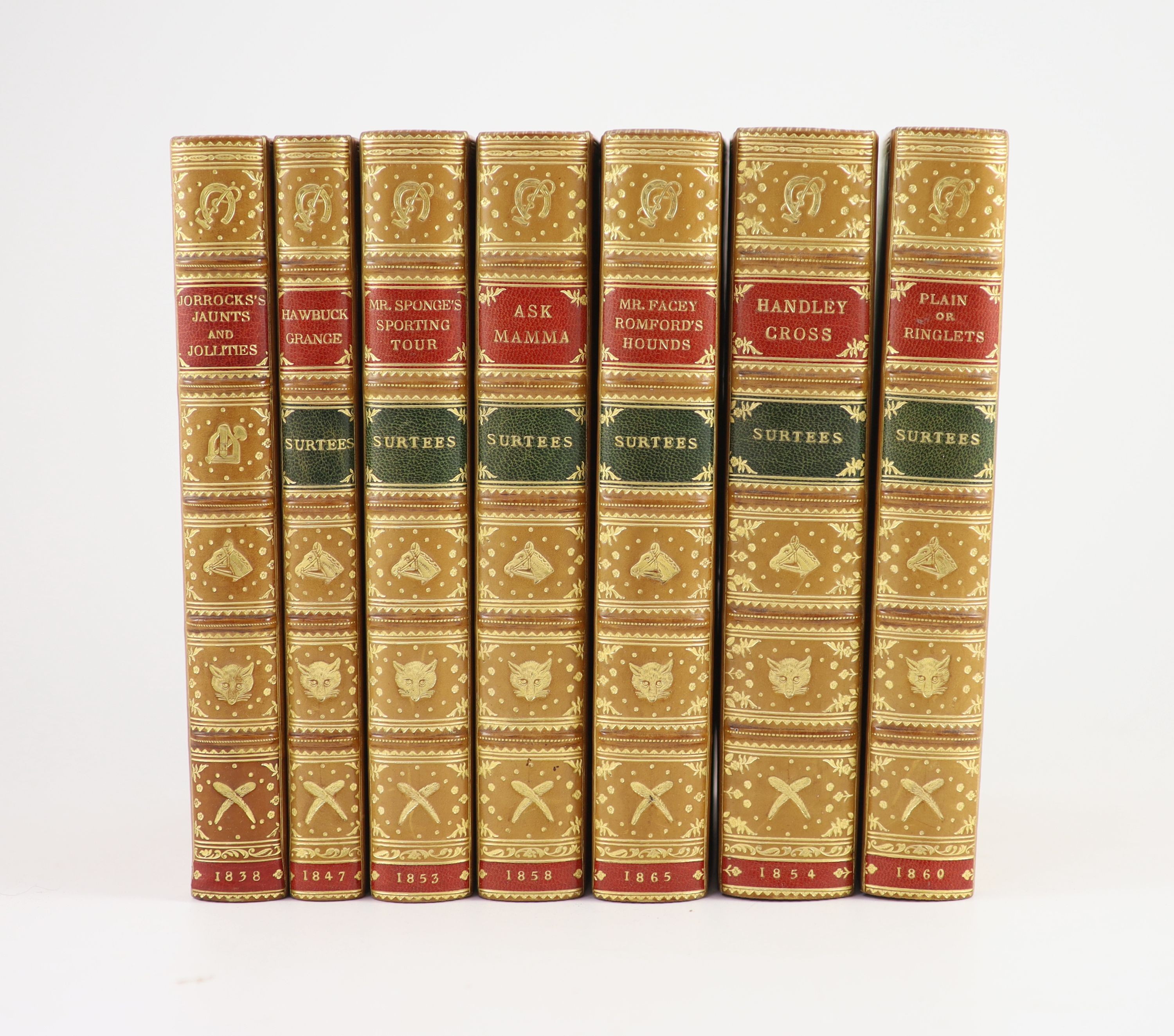 Surtees, Robert Smith - [Sporting Novels], 7 vols, calf gilt, comprising, Jorrick’s Jaunts and Jollities, Hawbuck Grange, Mr. Sponge’s Sporting Tour, Ask Mamma, Mr. Facey Romford’s Hounds, Handley Cross and Plain or Ring